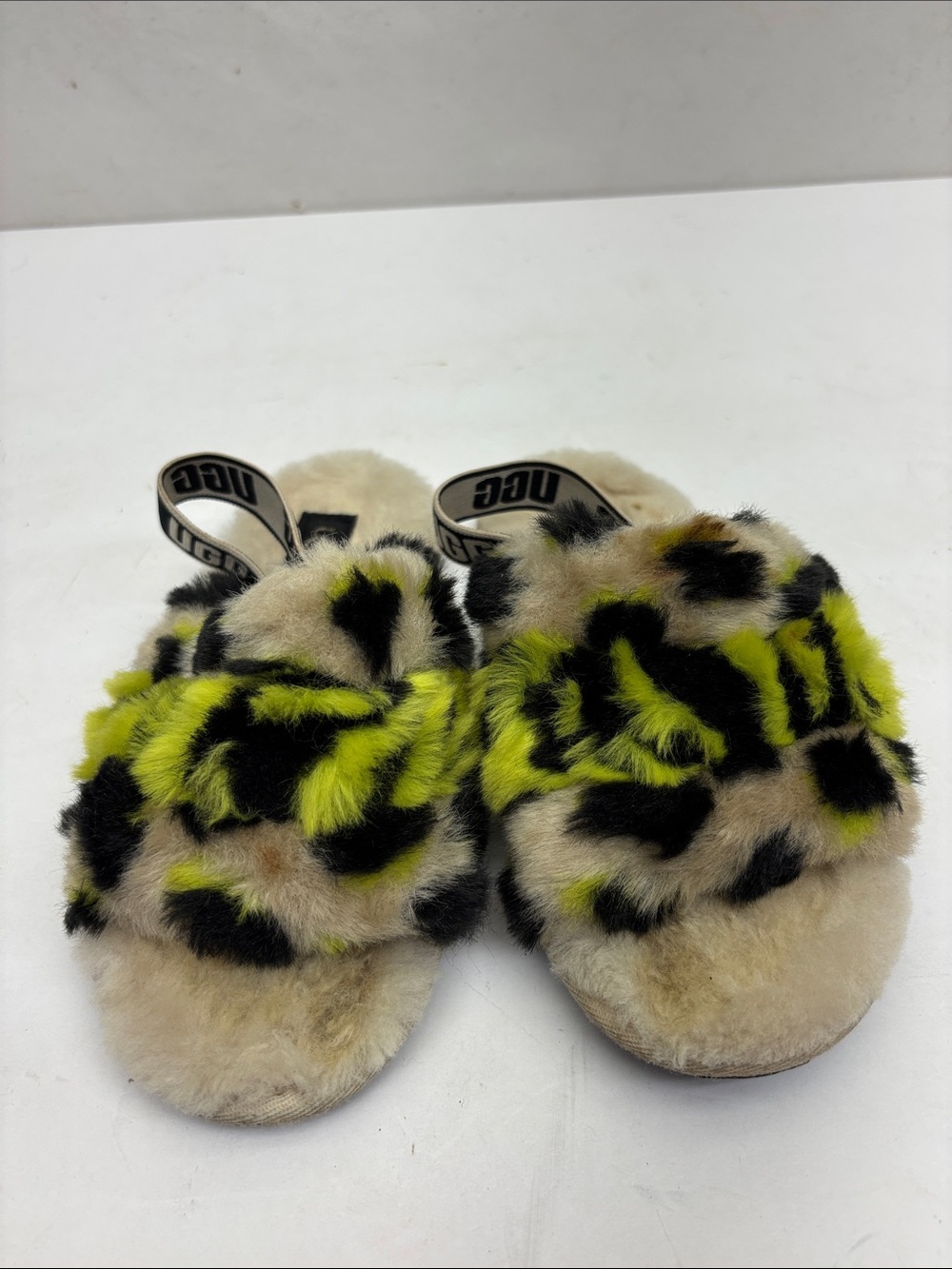 UGG Kids' Neon Leopard Print Fluff Slippers - Lime/Black, SZ 12 toddler, box 72